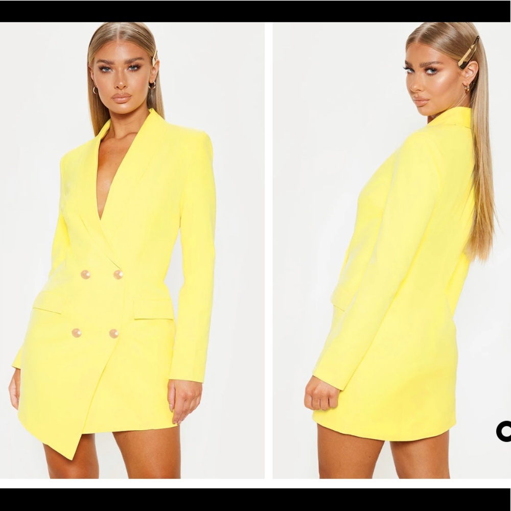 Pretty Little Thing Canary Lemon Yellow Double Breasted Blazer Dress - size S